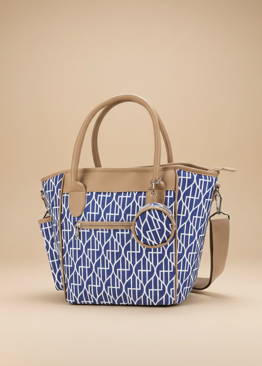 Sac Maman Chic Multifonction – Tote Bag Waterproof avec Poches Isothermes | Bleu Signature / Noir Pastoral / Fleurs Indigo