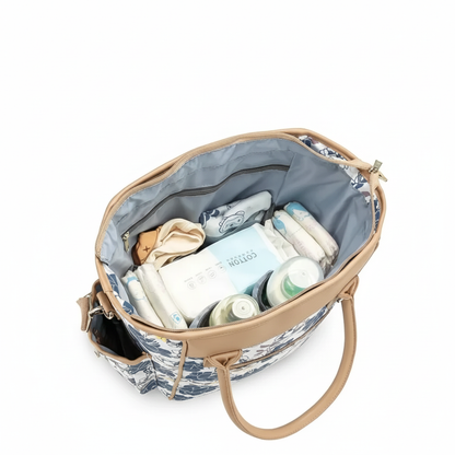 Sac Maman Chic Multifonction – Tote Bag Waterproof avec Poches Isothermes | Bleu Signature / Noir Pastoral / Fleurs Indigo