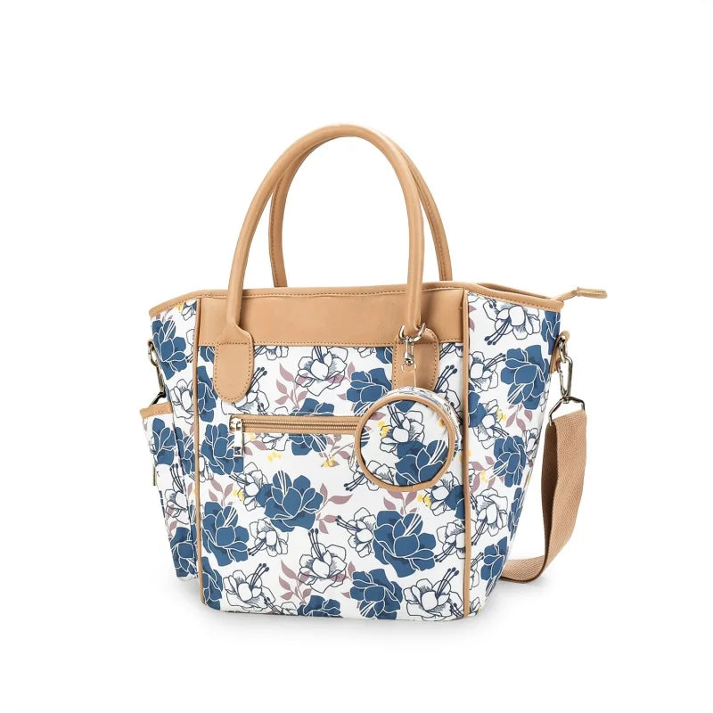 Sac Maman Chic Multifonction – Tote Bag Waterproof avec Poches Isothermes | Bleu Signature / Noir Pastoral / Fleurs Indigo