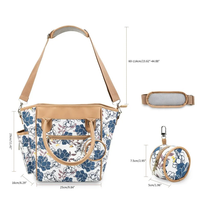 Sac Maman Chic Multifonction – Tote Bag Waterproof avec Poches Isothermes | Bleu Signature / Noir Pastoral / Fleurs Indigo