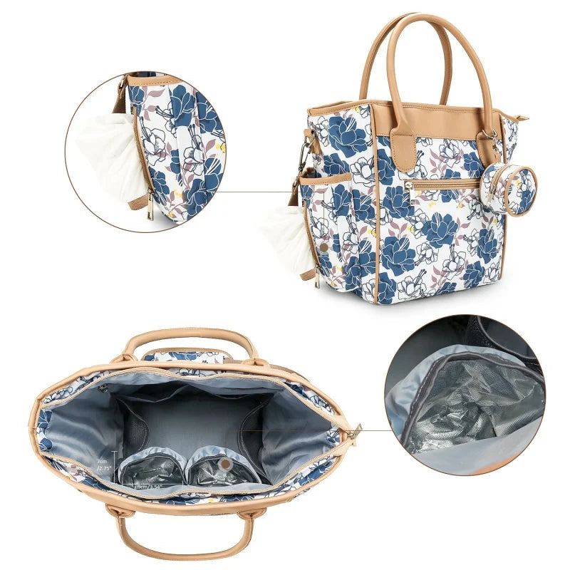 Sac Maman Chic Multifonction – Tote Bag Waterproof avec Poches Isothermes | Bleu Signature / Noir Pastoral / Fleurs Indigo