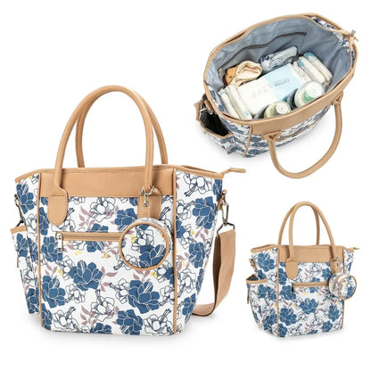 Sac Maman Chic Multifonction – Tote Bag Waterproof avec Poches Isothermes | Bleu Signature / Noir Pastoral / Fleurs Indigo