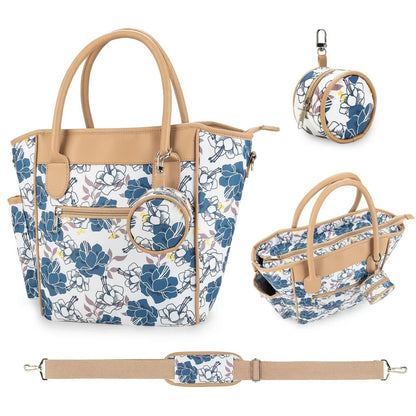 Sac Maman Chic Multifonction – Tote Bag Waterproof avec Poches Isothermes | Bleu Signature / Noir Pastoral / Fleurs Indigo
