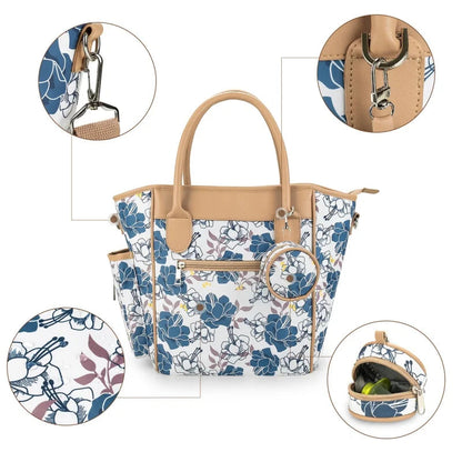 Sac Maman Chic Multifonction – Tote Bag Waterproof avec Poches Isothermes | Bleu Signature / Noir Pastoral / Fleurs Indigo